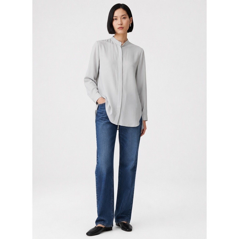 COS Silk Blouse Womens 6 Ice Blue Longline Tunic Minimalist Quiet Luxury Office